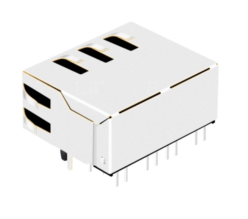 TW2J343563A39NL, 100 Base MagJack 1x2 Port RJ45 Tab Up and Green/Yellow Led - back view