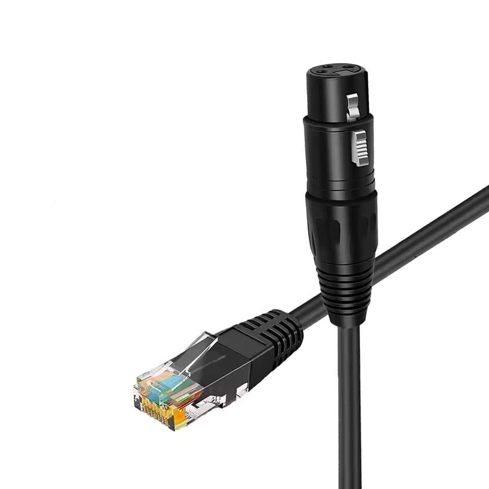 Professional DMX-over-Cat5 signal converter assembly for architectural lighting and stage automation systems.