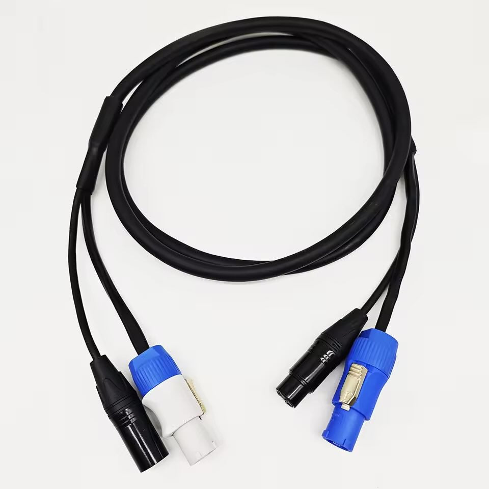 Custom 2-in-1 power and DMX signal link cable featuring a split-y harness design and industrial jacketing.