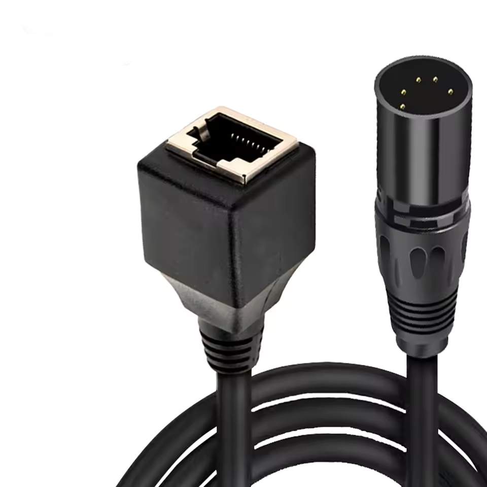 Professional DMX-to-RJ45 signal converter assembly for stage lighting control and network-based signal distribution.