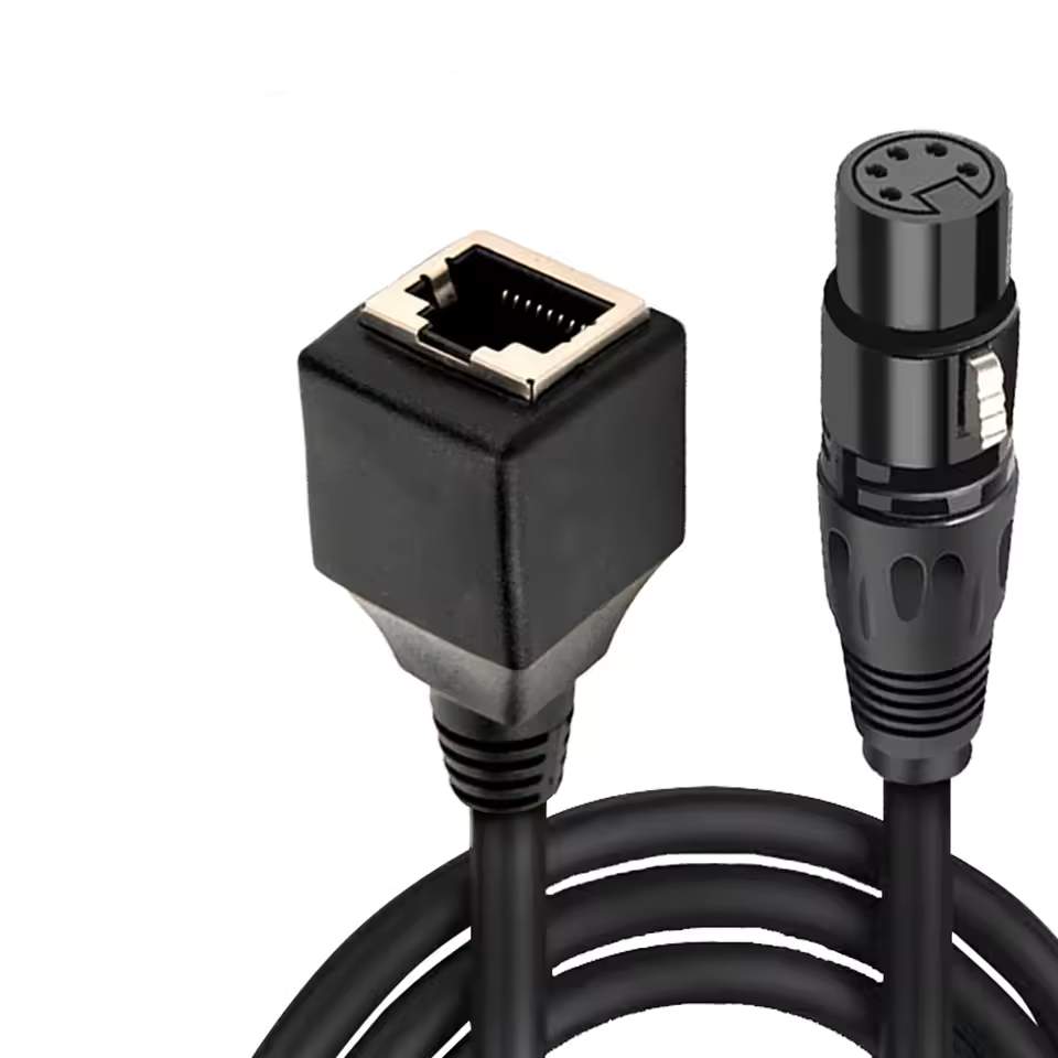 Custom DMX-to-RJ45 signal converter assembly for professional stage lighting and architectural automation.