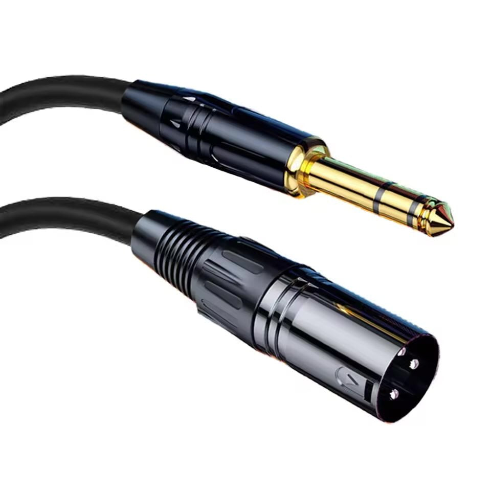 Audio cable with XLR male connector and 1/4 inch plug on a white background