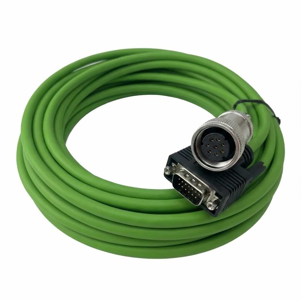 Custom Siemens SINAMICS V90 incremental encoder feedback harness featuring high-flex shielded green jacketing.