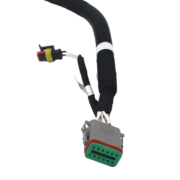 Amphenol AT series to TE Connectivity 282080-1 hybrid electrical harness with industrial conduit and labeled leads.