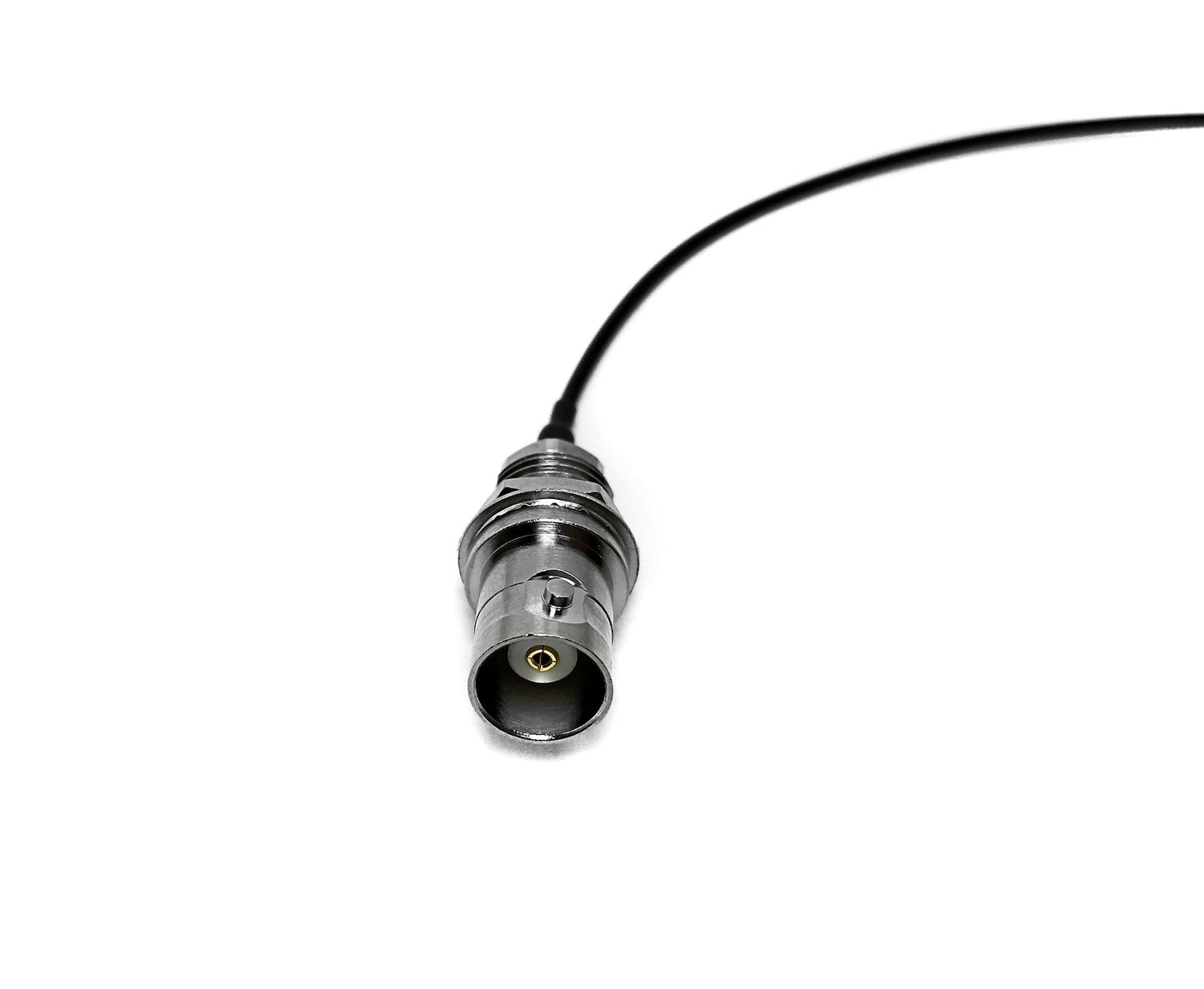 BNC female bulkhead to U.FL 1.37mm low-loss RF coaxial cable assembly, BNC female view