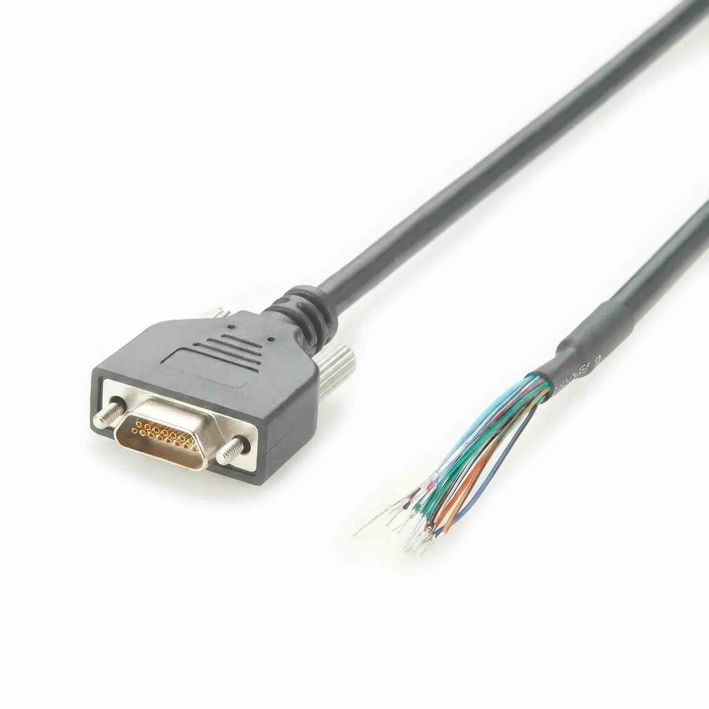 High-reliability 15-way CMD plug to flying leads cable assembly featuring shielded multi-core wire and jack screws.