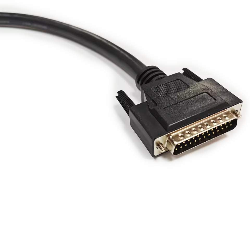 Black DB25 cable connector on a white background