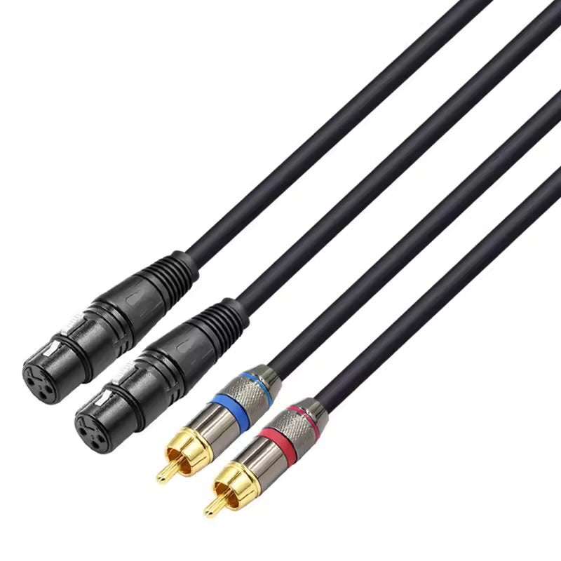 Custom shielded 2XLR female to 2RCA male wire harness featuring gold-plated contacts and reinforced industrial strain relief.