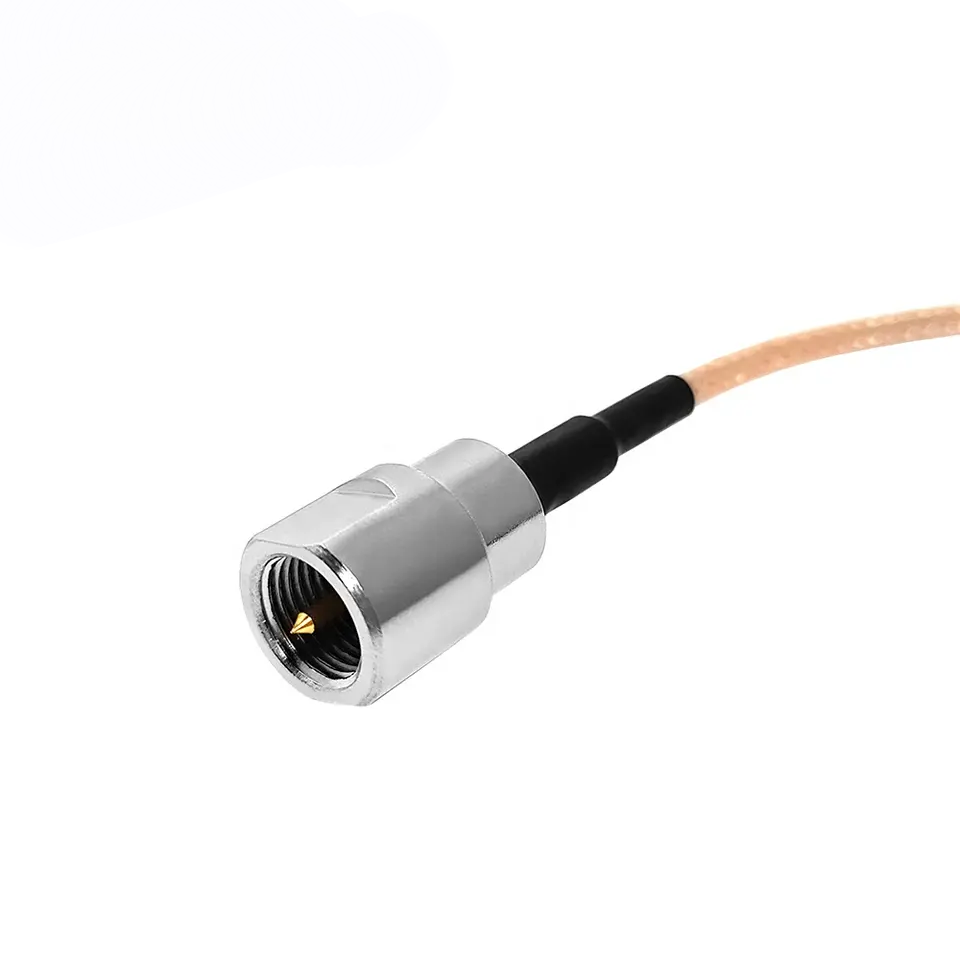 FME male to MCX male right-angle RG316 RF coaxial cable assembly, MCX male right-angle view