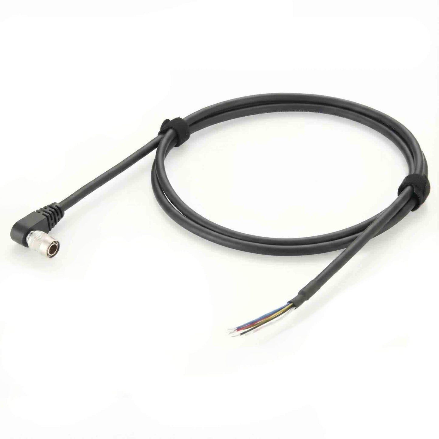 High-flex shielded industrial cable featuring a right-angle HR10 push-pull male connector and stripped wire ends.