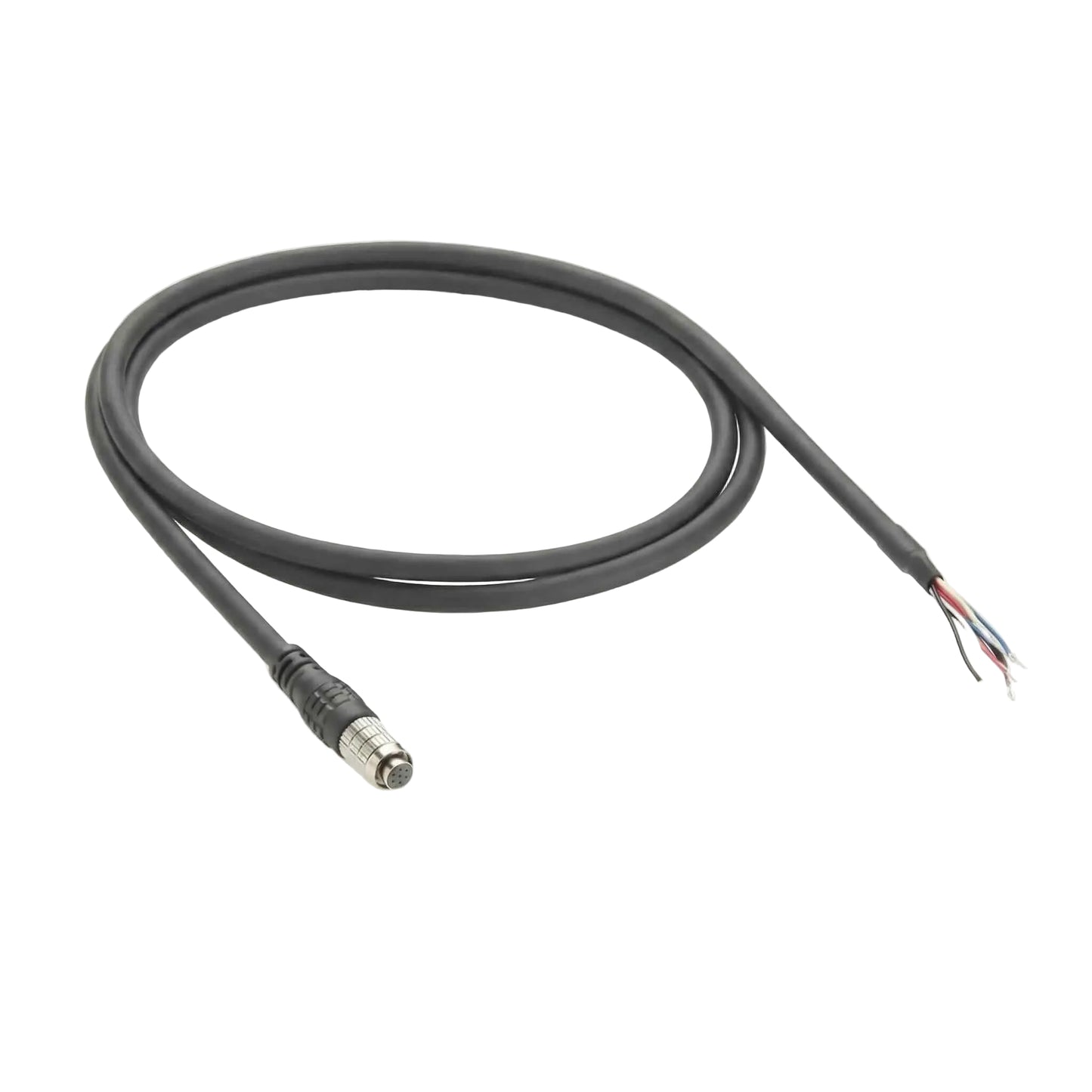 Hirose HR25-7TP-8S 8-pin female circular connector on a black shielded cable with stripped, color-coded flying leads.