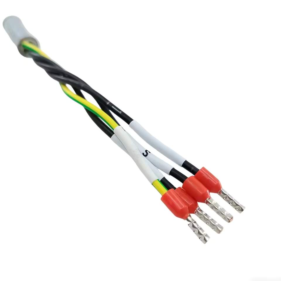 Industrial wire harness with labeled open leads and high-flex Igus Chainflex cable for T1 motor RST power integration.