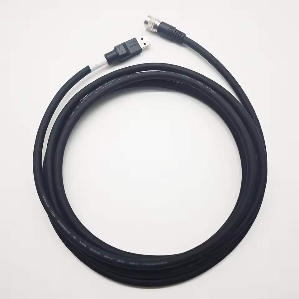 Shielded black industrial cable featuring a 6-pin male aviation-style plug and a blue-colored USB 3.0 A connector.