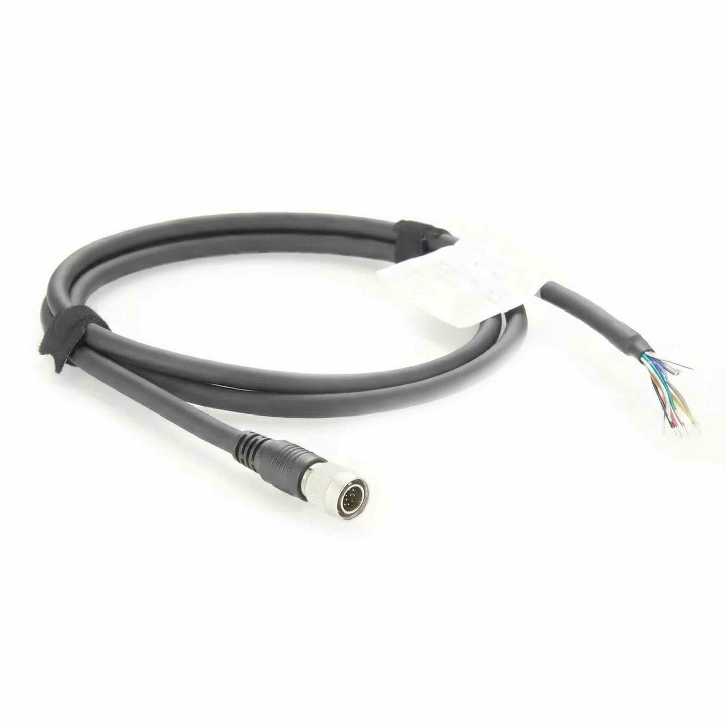 Custom shielded 12-conductor industrial wire harness featuring a genuine Hirose-style male plug and stripped wire ends.