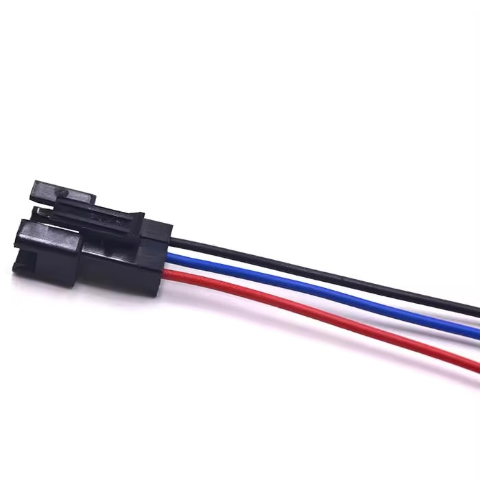 Isolated view of a 3-way JST SM connector and flexible PVC insulated leads on a white background.