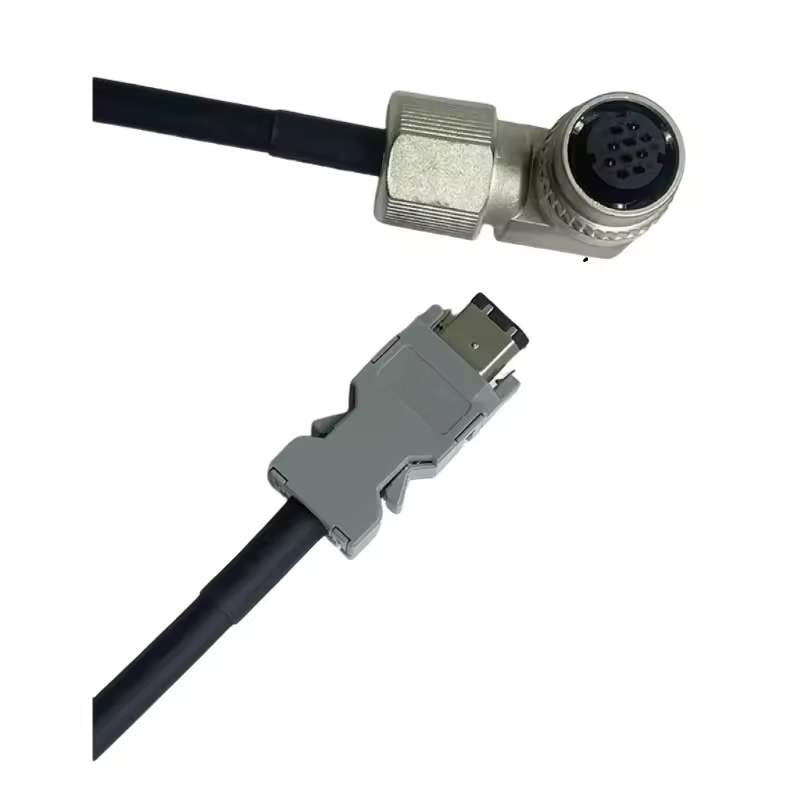 Precision servo motor encoder interconnect with gray drive-side plug.