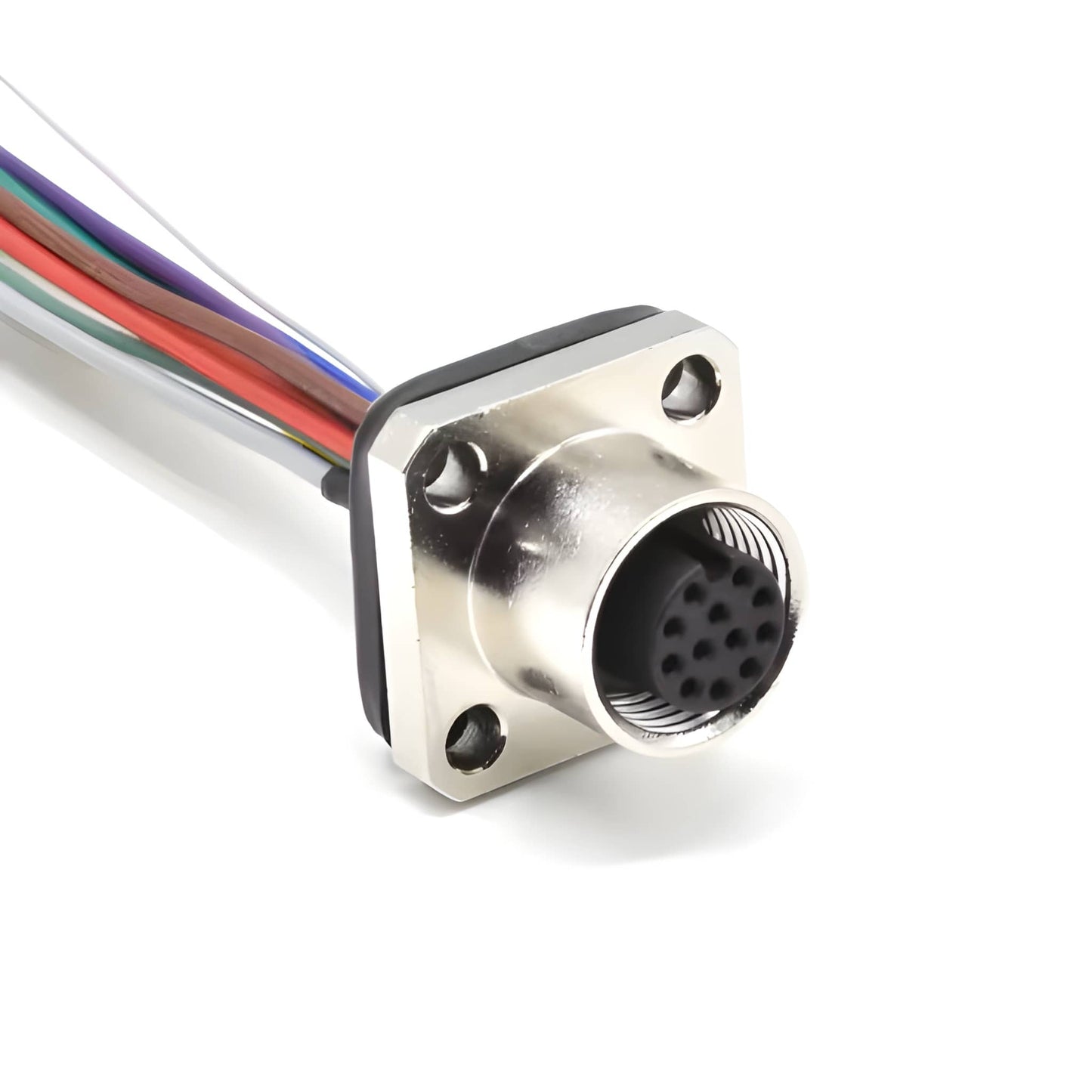 Custom waterproof wire harness featuring 4-hole flange M12 connectors and open-end pigtail termination for OEM equipment.