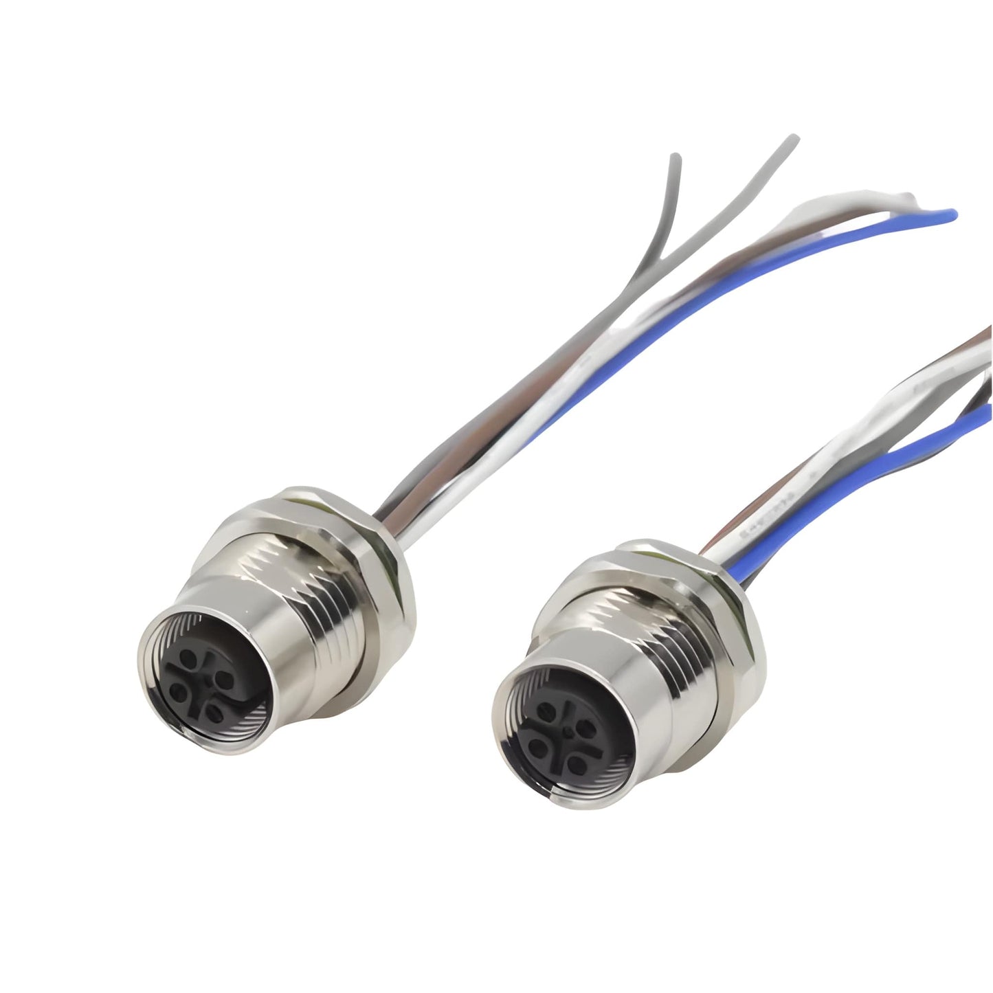 Custom waterproof cable assembly featuring M12 5-pole female bulkhead connector and stripped wire termination.