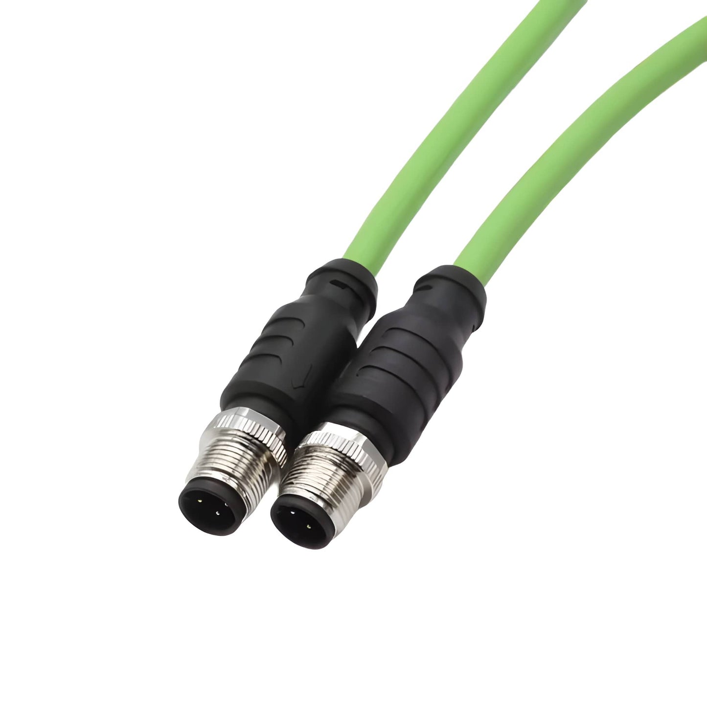 Custom waterproof cable assembly featuring M12 D-coded interface to RJ45 for Profinet automation systems.