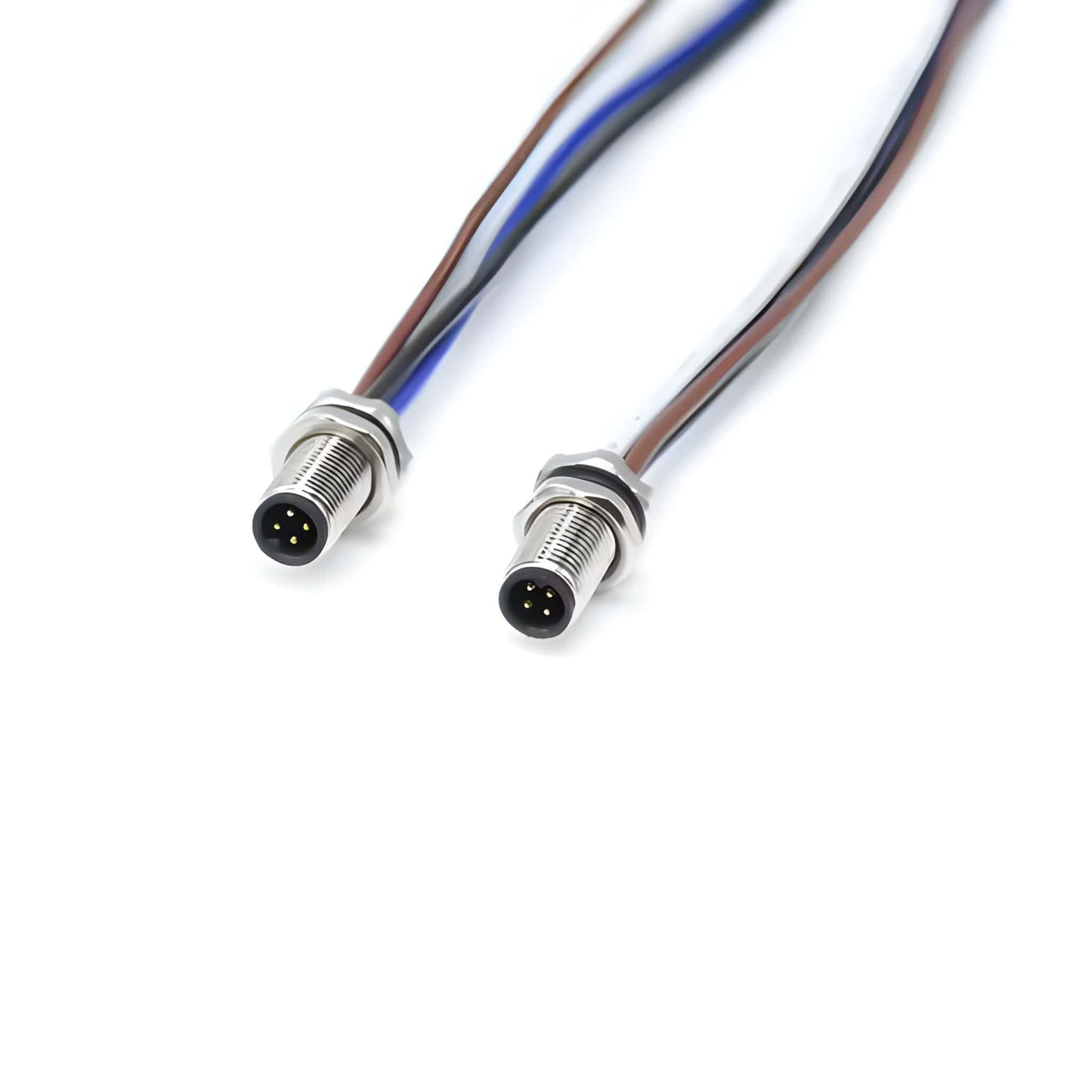 Custom waterproof wire harness featuring front-mount M5 circular connectors for high-density electronic enclosures.