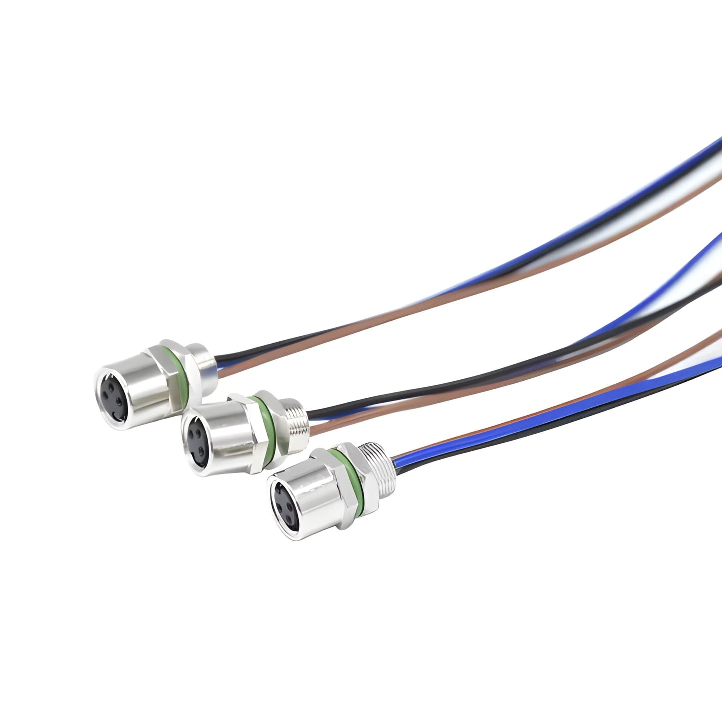 Custom wire harness featuring an M8 3-pole female connector with open-end pigtails for control panel wiring.