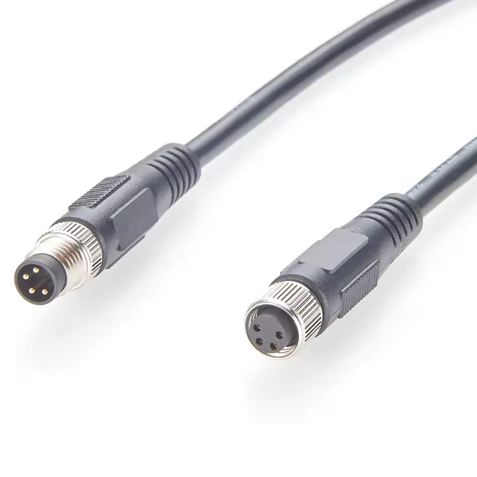 Custom 4-conductor M8 wire harness for industrial sensor power and I/O signal extension in automated systems.