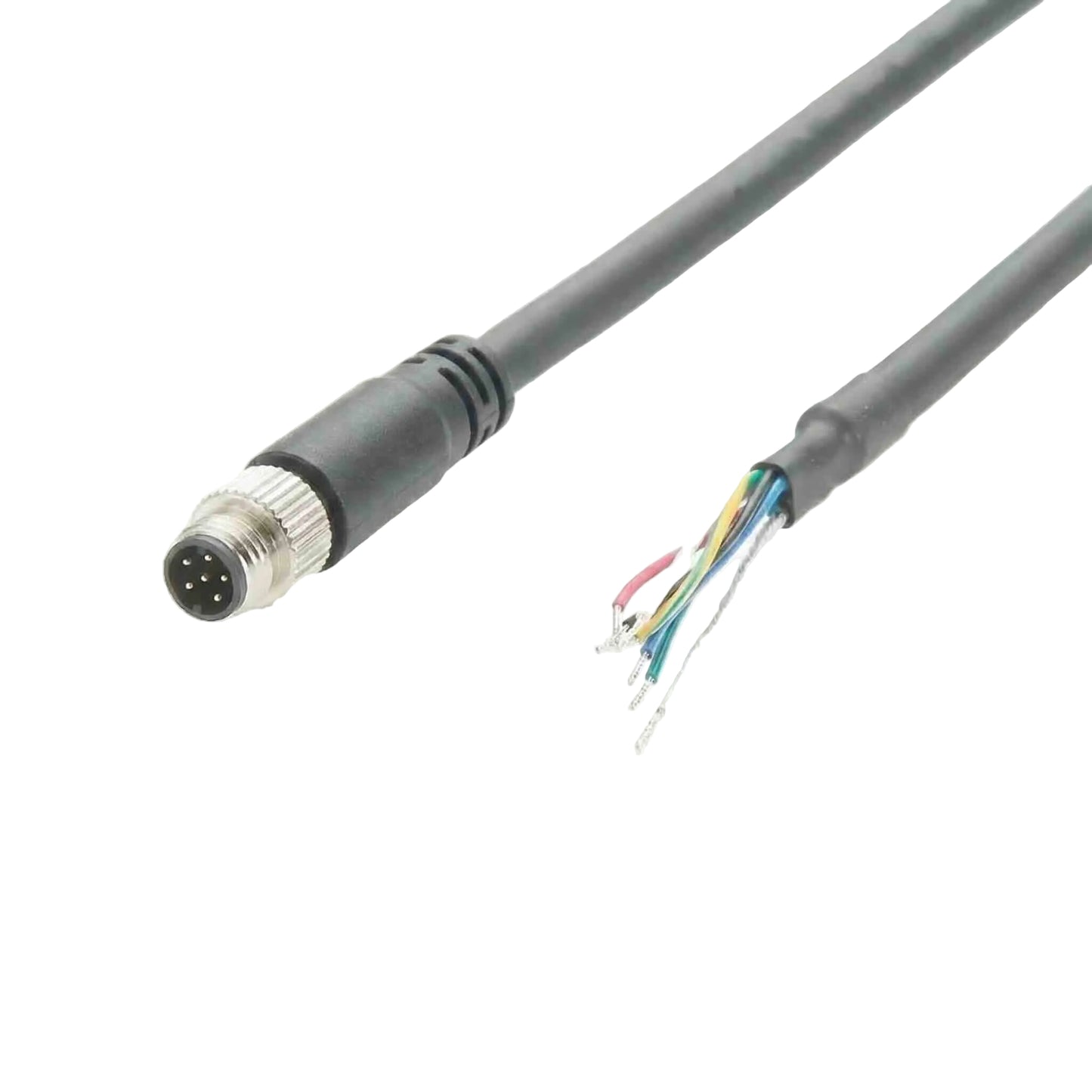 Shielded I/O cable assembly featuring a threaded 6-pin M8 male plug and open wire ends for PLC integration.