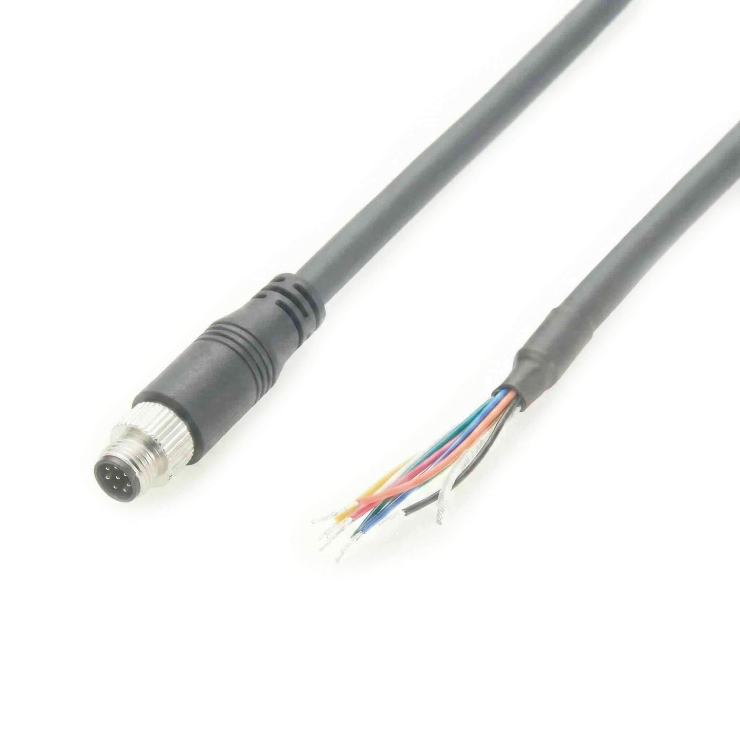 Shielded I/O control cable assembly featuring a threaded 8-pin M8 male plug and open wire ends for PLC integration.