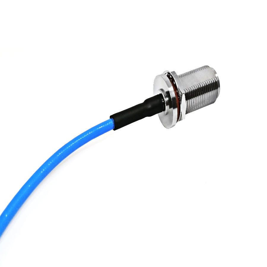 N-Type female bulkhead to SMA male RG141 RF coaxial cable assembly, N-type female jack view