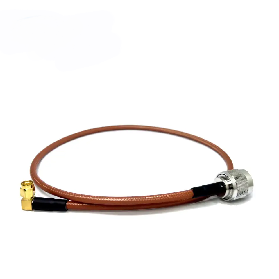 N-Type male to SMA male right-angle RG142 RF coaxial cable assembly, back view