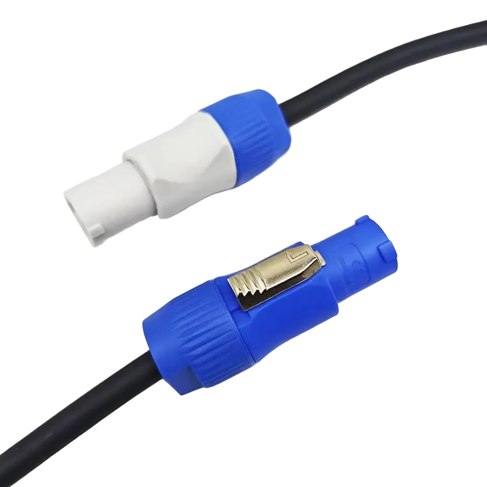 3-pin 12AWG NAC3FCA to NAC3FCB Powercon extension harness with metal locking latches.