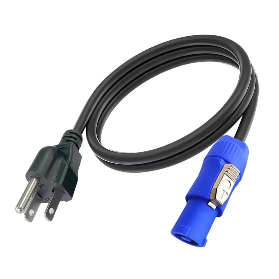 Industrial power cable featuring a black NEMA 5-15P US mains plug and a blue NAC3FCA Powercon locking connector.