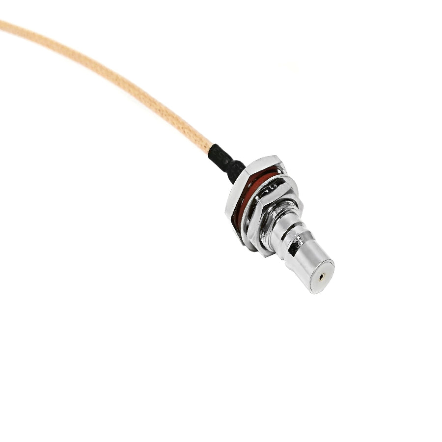 QMA female to RP-SMA male right-angle RG316 RF coaxial cable assembly, QMA female plug view