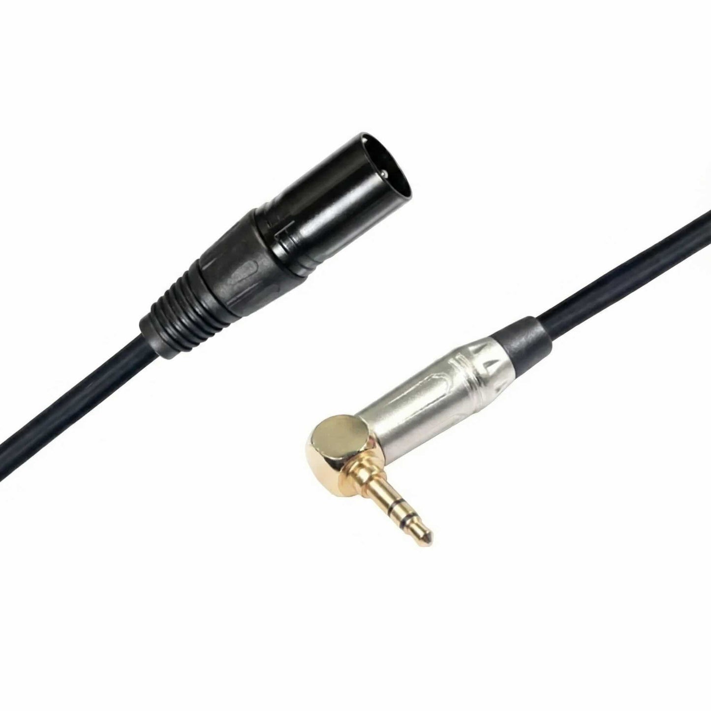 Professional 90-degree 3.5mm TRS to XLR male interconnect for space-constrained industrial audio systems.