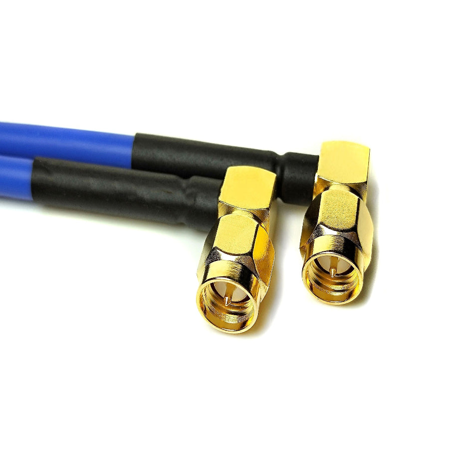 SMA male right-angle to SMA male RG141 RF coaxial cable assembly, SMA male right-angle view