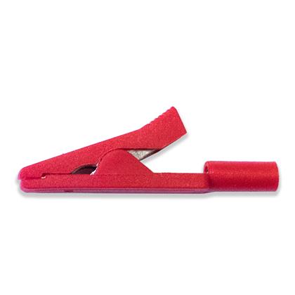 TW-210Q mini insulated alligator clip, 1.63-inch length, connects to 0.08” pin tip probes or 2mm banana plugs, Red Color, Side view