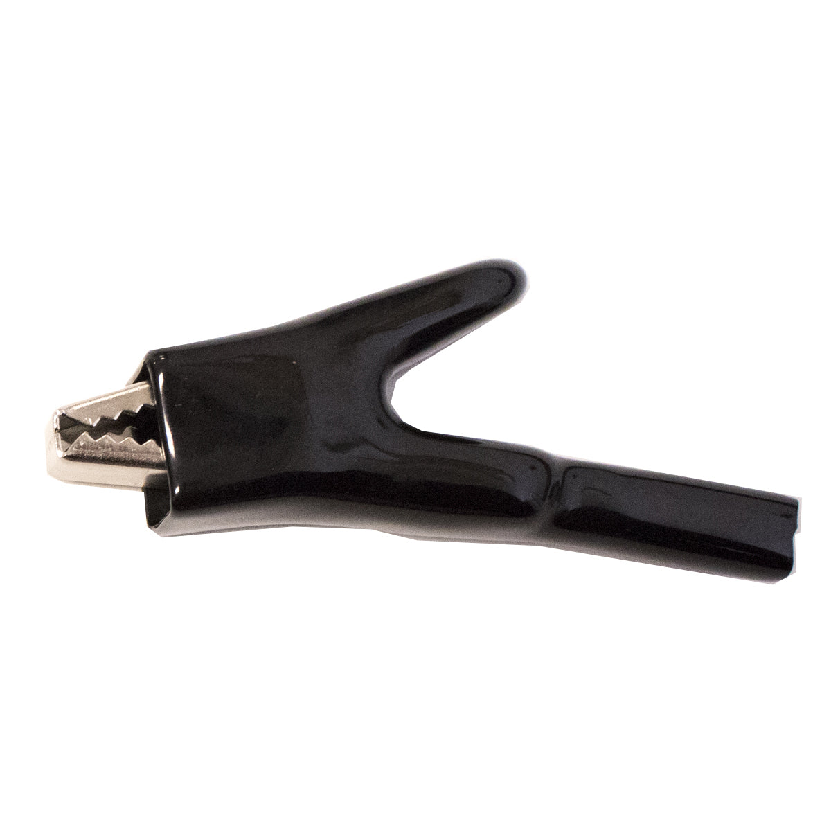 Insulated pipe grounding clip, black cover, steel material, side view