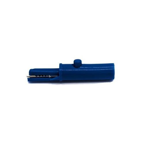 TW-272 fully insulated push-button alligator clip for medical applications, 4mm banana connection, blue Color, side view