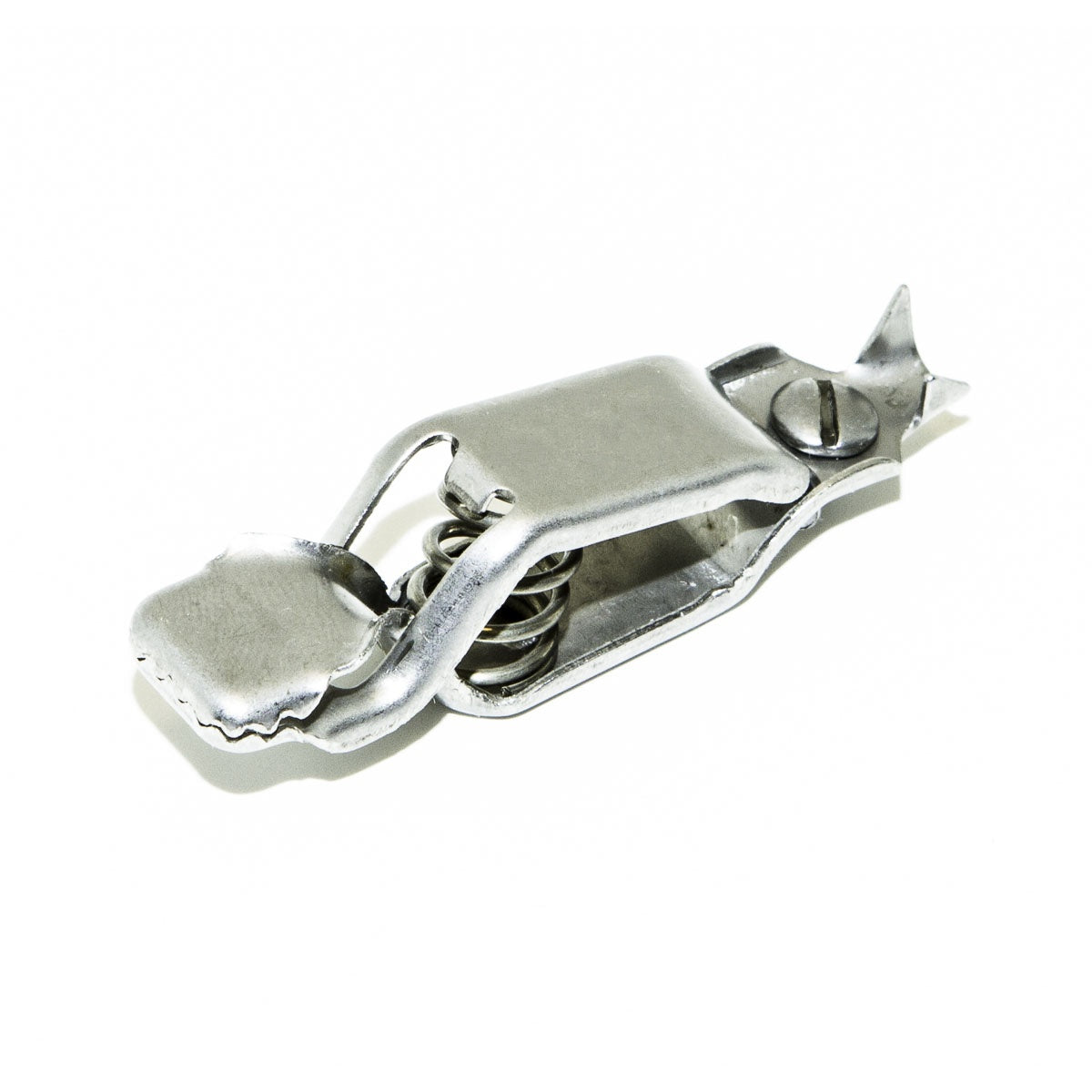 TW-38E stainless-steel clip with hardware, connects up to 12 AWG wire, compatible with Mueller BU-27X, side view