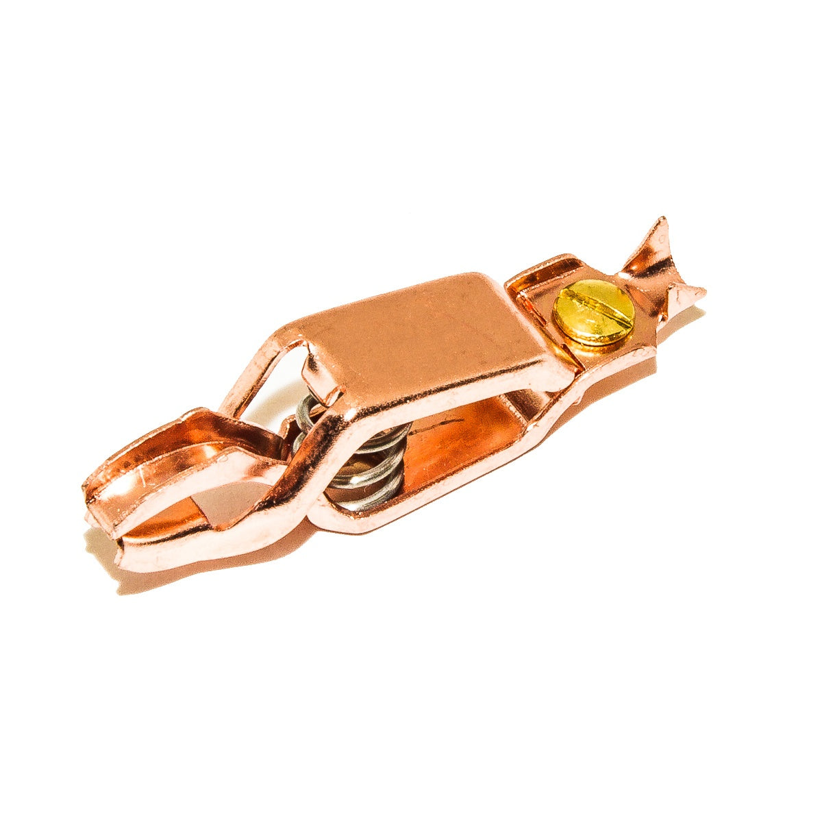 TW-38RB copper geophone clip connecting to seismograph rings, supports up to 12 AWG wire, side view, TW-38RB