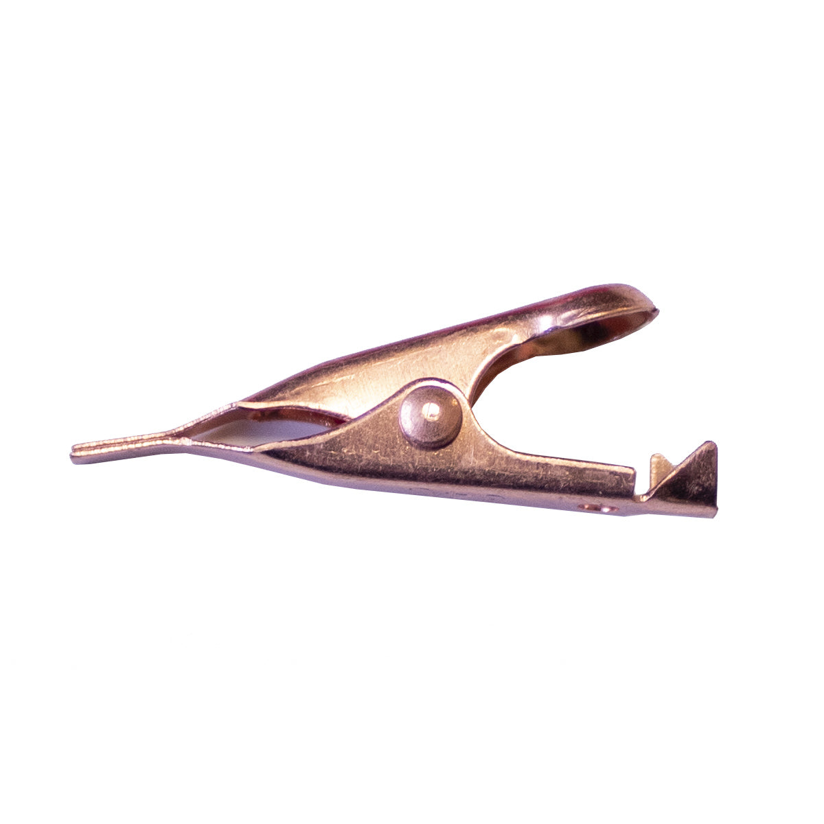 TW-45R micro copper alligator clip with smooth jaws, connects up to 18 AWG via solder or crimp, compatible with Mueller BU-34C, side view