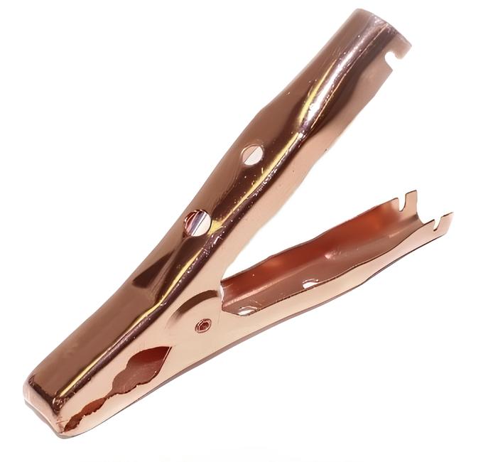 TW-52Z large copper-plated steel battery clip, single strap for insulation crimp, connects up to 1 AWG via solder, heavy-duty design, size view