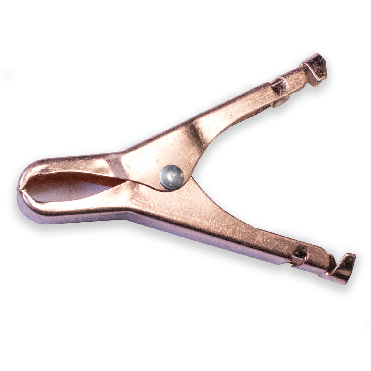 TW-57R-W solid copper miniature battery clip, connects up to 10 AWG via crimp or solder, without insulator, side view