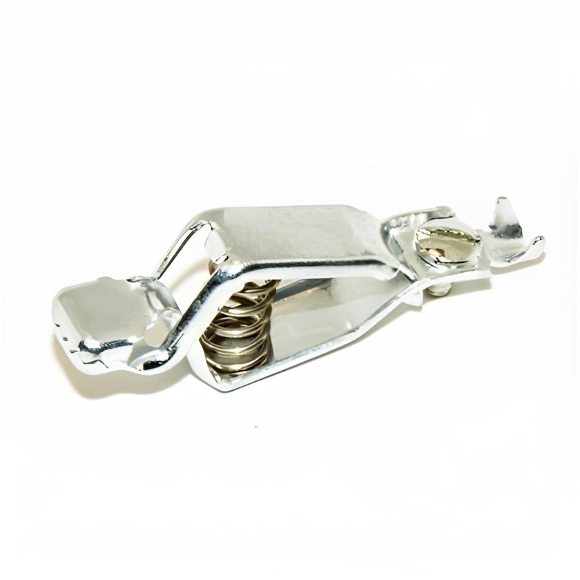TW-59YW zinc-plated steel automotive analyzer clip with lower spring force, connects up to 14 AWG via crimp or screw, side view