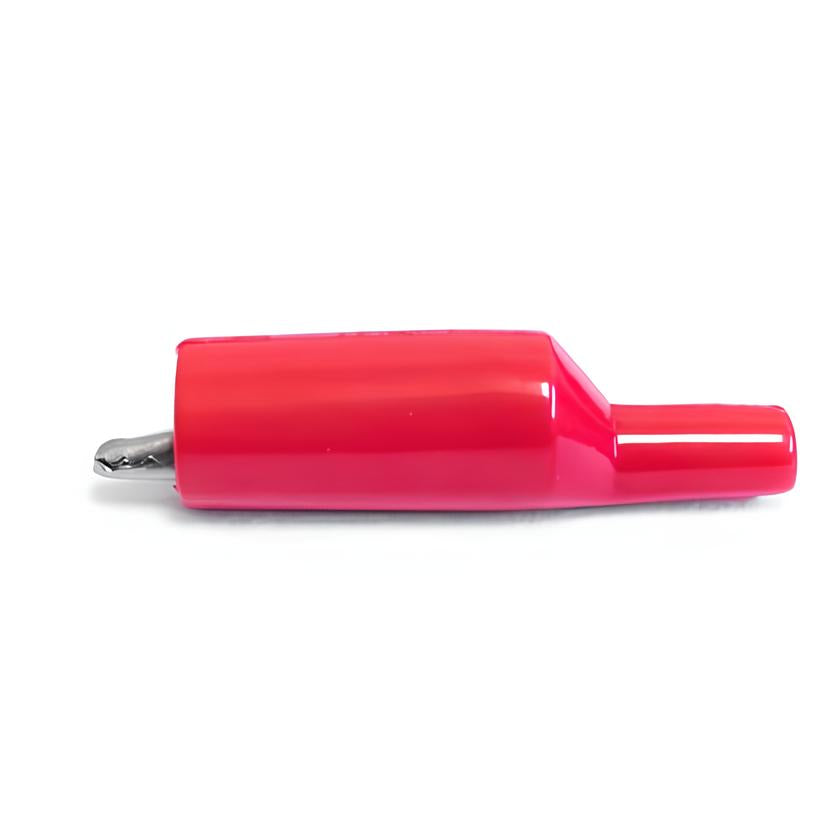 TW-71E-1 stainless-steel alligator clip with PVC insulator, compatible with 4mm banana plugs. Red color, side view