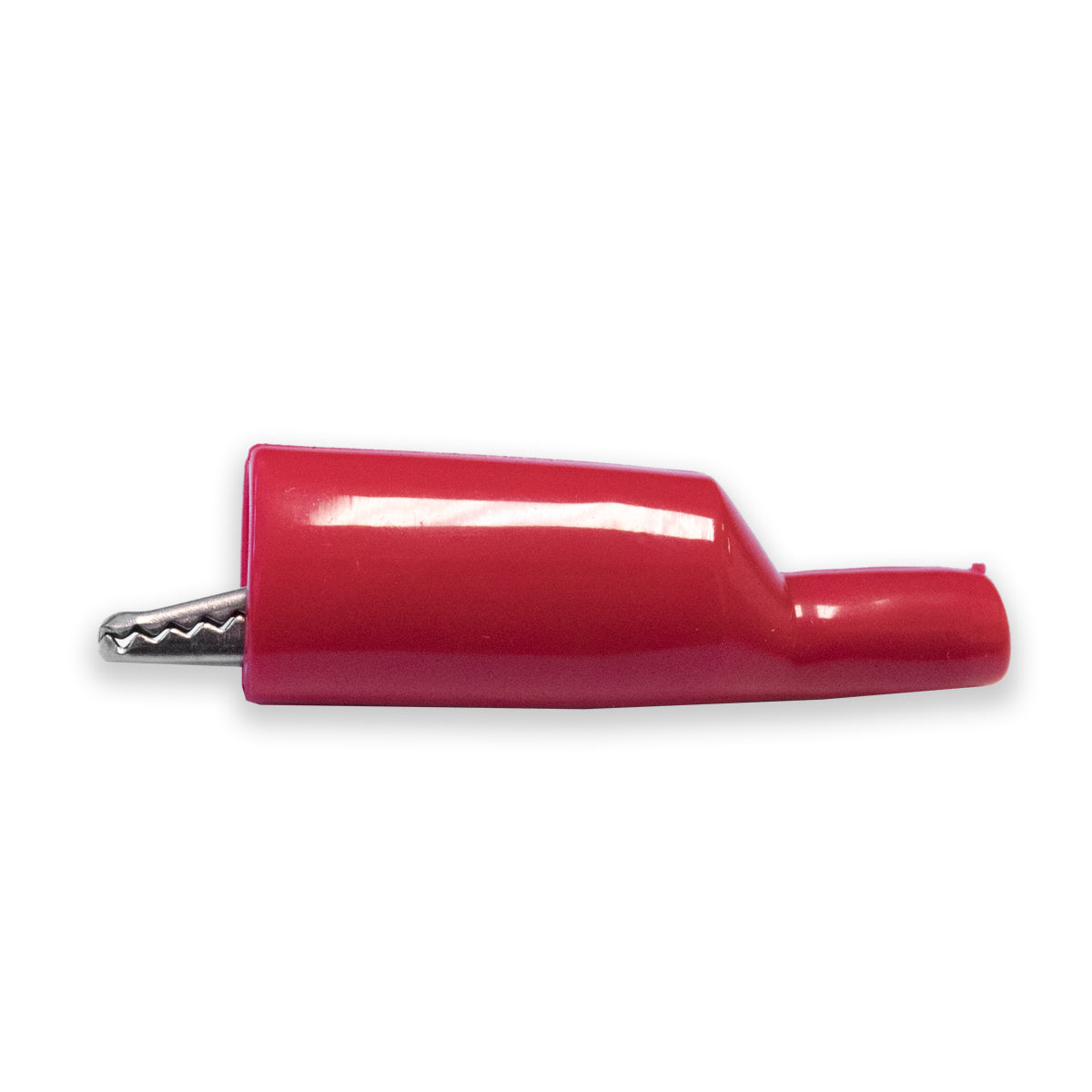 TW-71GYL alligator clip with flexible PVC insulator and 8-32 threaded barrel for probe tip connection, Red Color, Side view