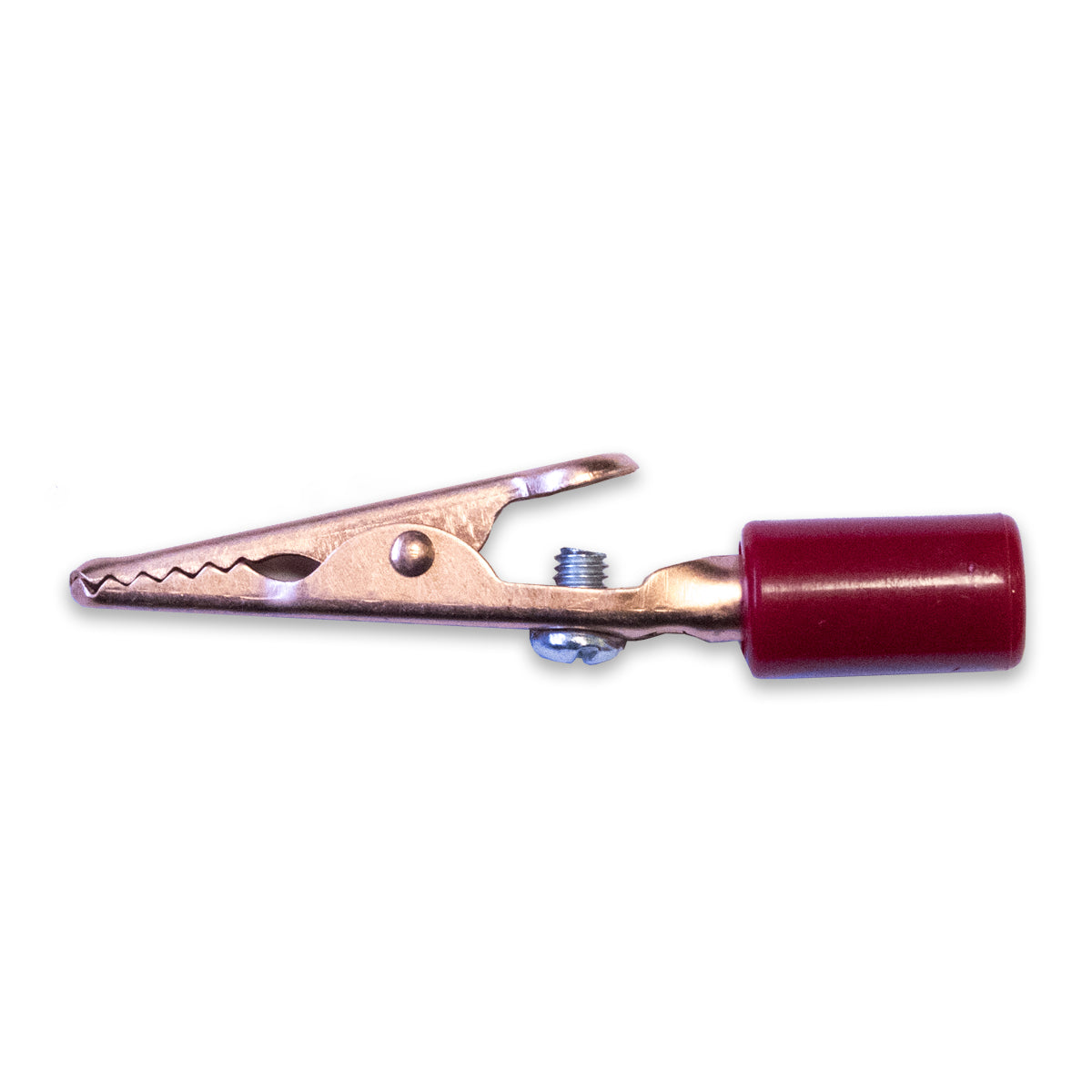 TW-71RN copper alligator clip with acetate handle, screw wire connection, 4mm banana plug compatible, side view
