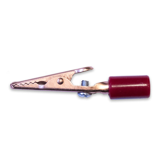 TW-71RN copper alligator clip with acetate handle, screw wire connection, 4mm banana plug compatible, side view