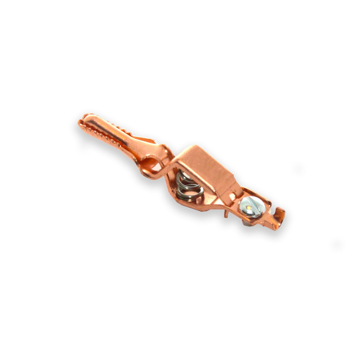 TW-96R solid copper crocodile clip with nested teeth, connecting up to 14 AWG wire, compatible with BU-85C, side view