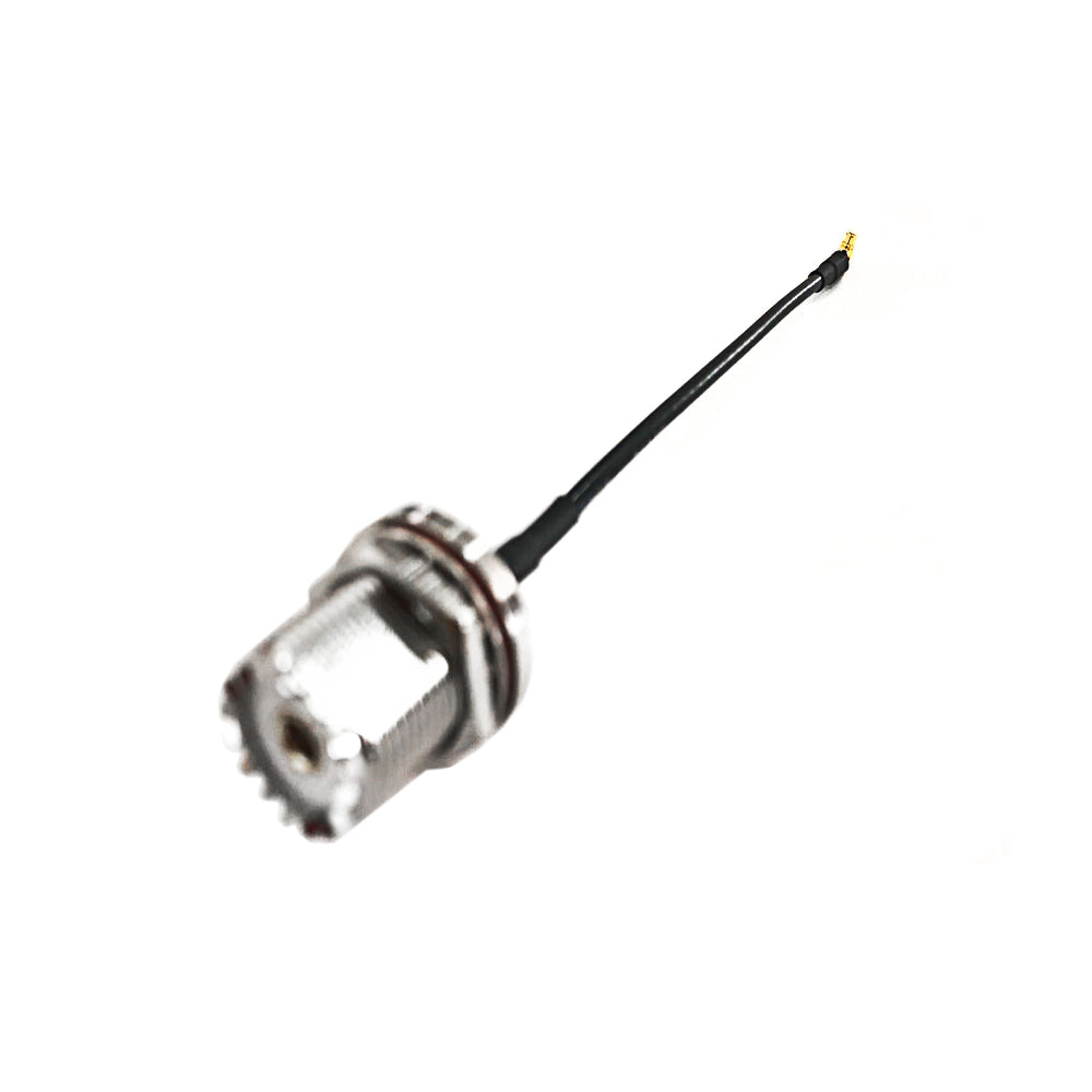 UHF female bulkhead to MMCX male right angle RG174 RF coaxial cable assembly, UHF female bulkhead view